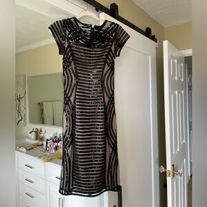 Susana Monaco Black and Tan Striped Sequins Overlay Dress